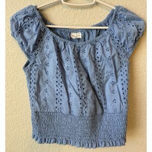 Abercrombie Kids Eyelet Smocked Top Girls Size 11/12 Blue Short Sleeve
